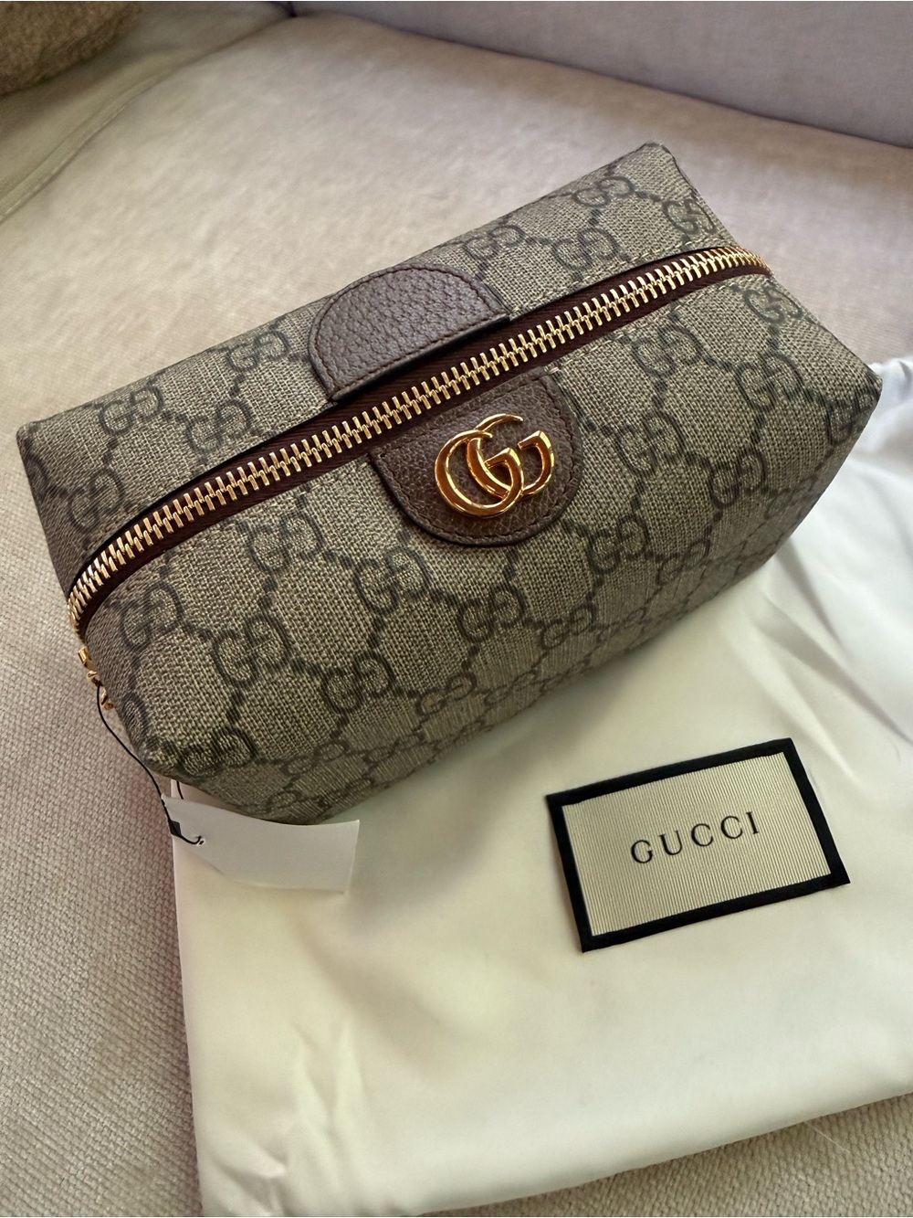 Gucci Brown GG Supreme Canvas Cosmetic Pouch with Gold Double G